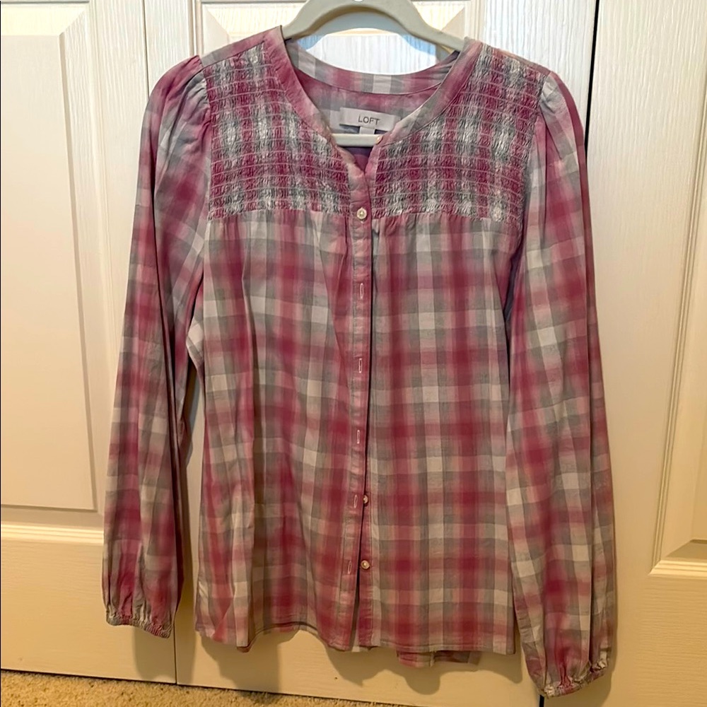 LOFT Pink Plaid Button-Up Blouse